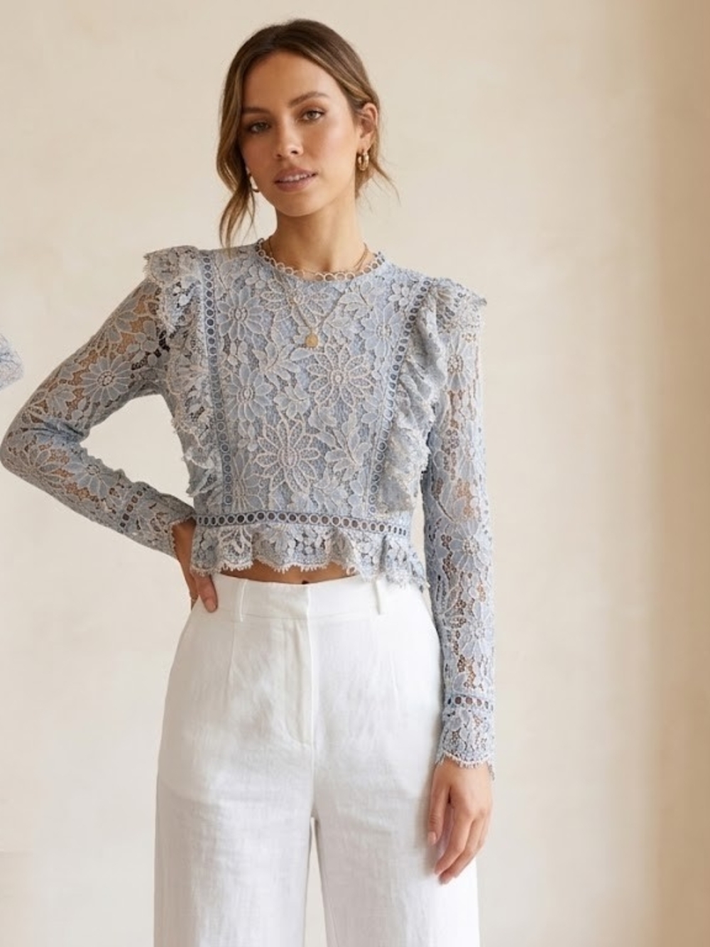 Storia Light Blue Floral Lace Long-Sleeve Cropped Top